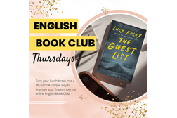 Eine stilvolle Werbegrafik für einen Online-Englisch-Buchclub. Links steht in großen, schwarzen Buchstaben auf gelbem Hintergrund ENGLISH BOOK CLUB, darunter in schwarzer Schreibschrift Thursdays. Ein runder Ausschnitt auf der rechten Seite zeigt ein Buch mit dem Titel „The Guest List“ von Lucy Foley, das auf einer Tischplatte im Sonnenlicht liegt. Unten links steht ein kurzer Einladungstext: „Turn your lunch break into a life hack! A unique way to improve your English. Join my online English Book Club.“ Goldene Glitzerelemente und ein dezenter rosa Rand schmücken das Design.