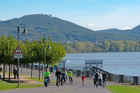 People walking on the banks of the Rhine