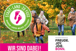 Plakat der Bundesstadt Bonn zur Teilnahme an "Stadt Land zu Fuß" zeigt eine laufende Familie und eine laufende Gruppe Jugendlicher.