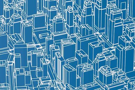 Gráfico azul y blanco que muestra una ciudad con rascacielos