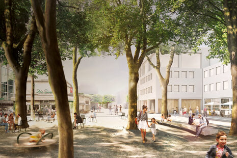 Visualisation de la zone piétonne de Bad Godesberg avec des arbres offrant de l'ombre, des jeux et des sièges.