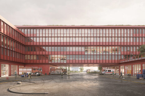 Die Visualisierung zeigt ein mehrstöckiges rotes Gebäude, mit der Feuerwehrausfahrt in der Mitte.