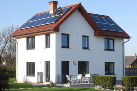 Una casa con un sistema fotovoltaico en el tejado