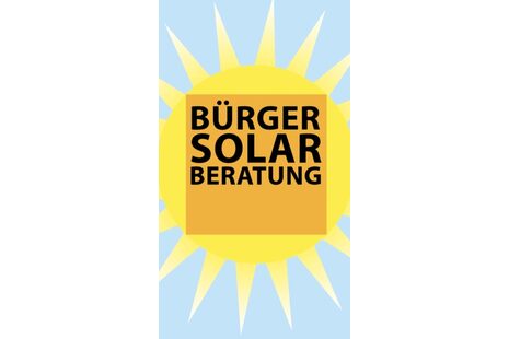 Das Bild zeigt eine Grafik der Bürgersolarberatung. Eine strahlende gelbe Sonne auf hellblauem Grund, darin in einem Quadrat der Schriftzug "Bürgersolarberatung"